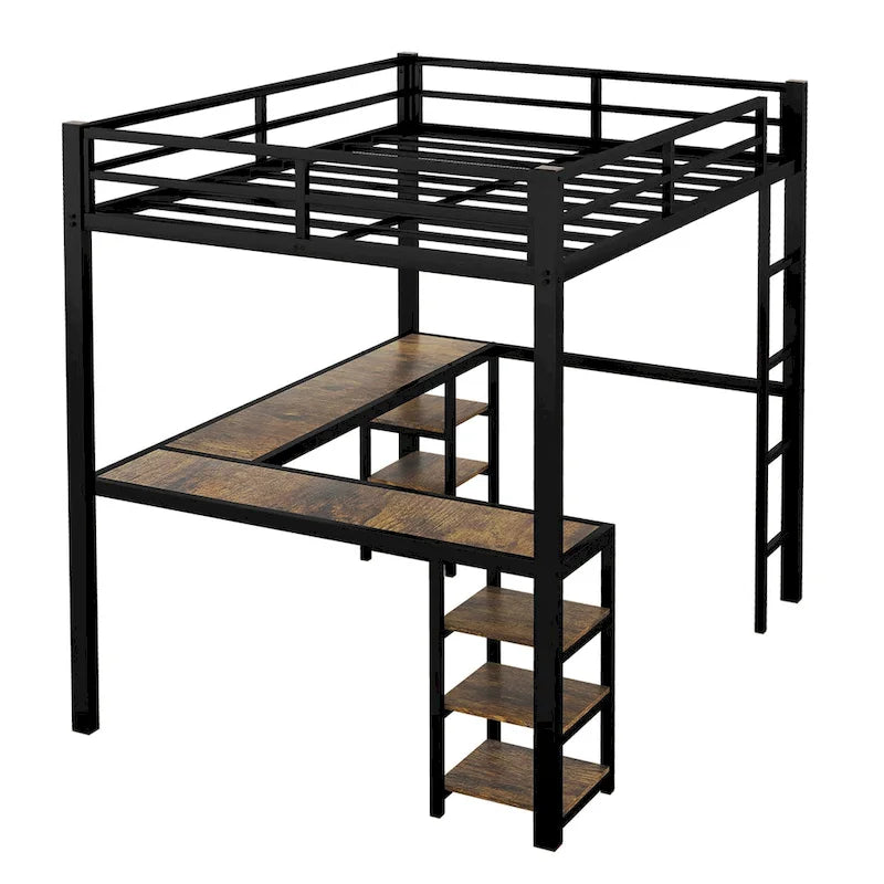 Lit mezzanine en métal avec bureau en forme de L, étagères, échelle et barrières de sécurité