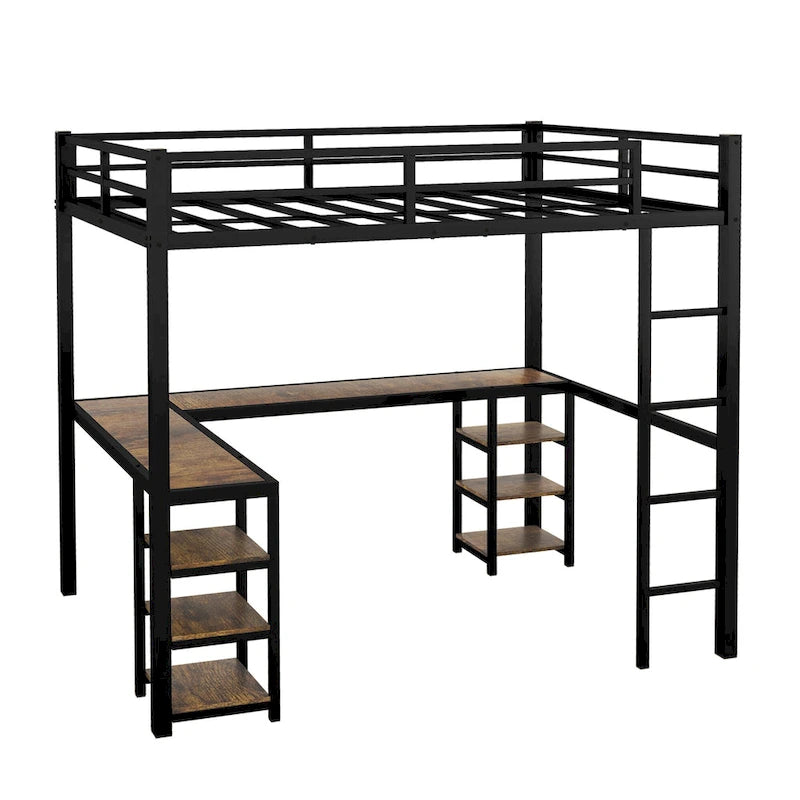Lit mezzanine en métal avec bureau en forme de L, étagères, échelle et barrières de sécurité