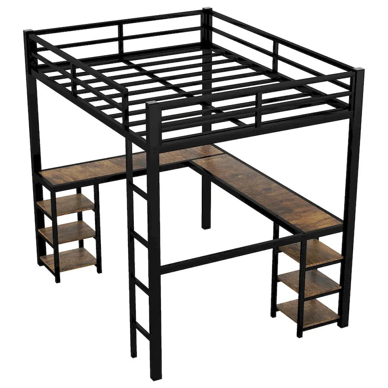 Lit mezzanine en métal avec bureau en forme de L, étagères, échelle et barrières de sécurité
