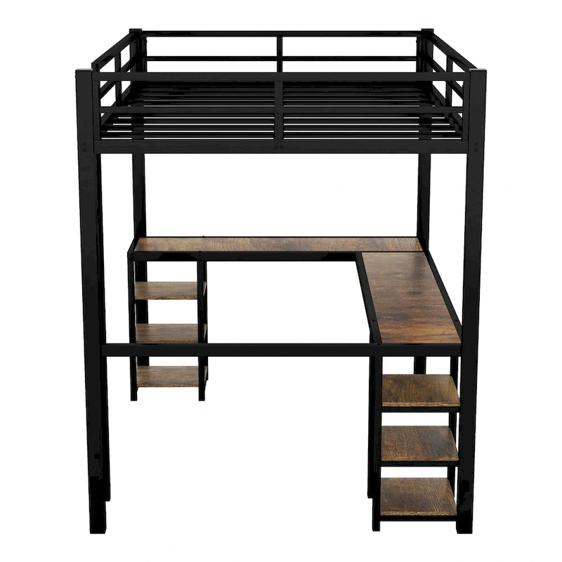 Lit mezzanine en métal avec bureau en forme de L, étagères, échelle et barrières de sécurité