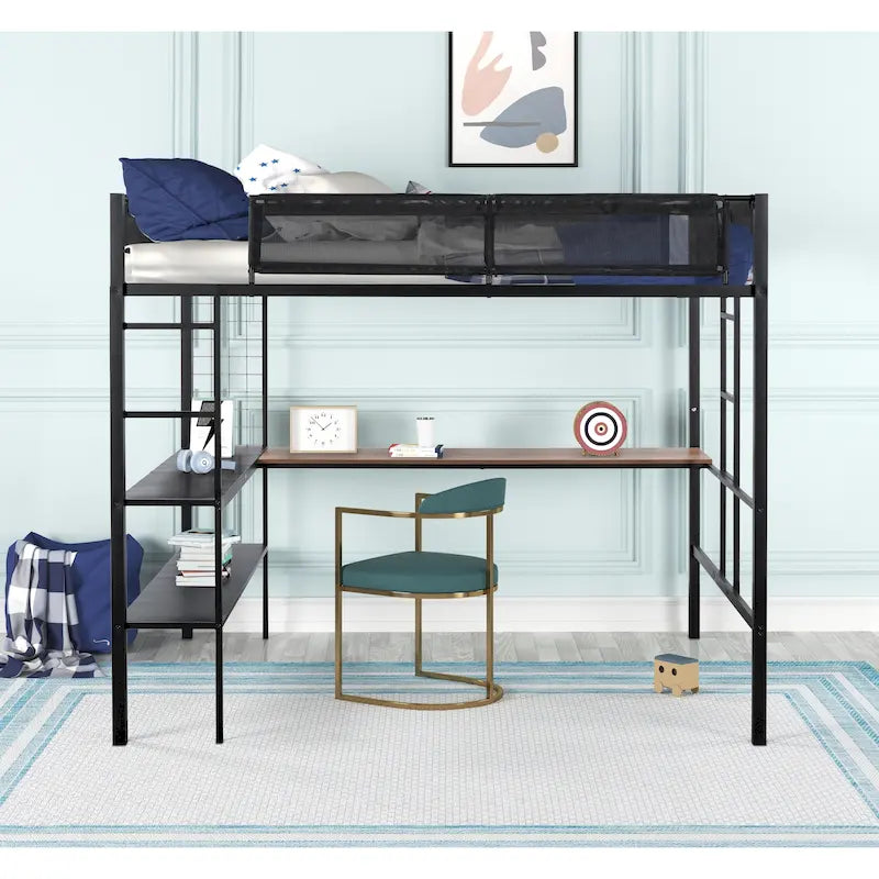 Lit mezzanine double en métal avec bureau, étagères et garde-corps