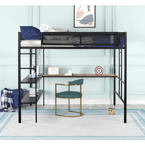 Full Size Metal Loft Bed with Desk, Shelves, and Guardrail