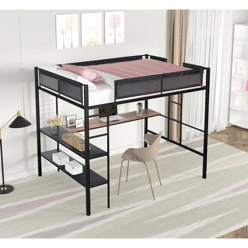 Lit mezzanine double en métal avec bureau, étagères et garde-corps