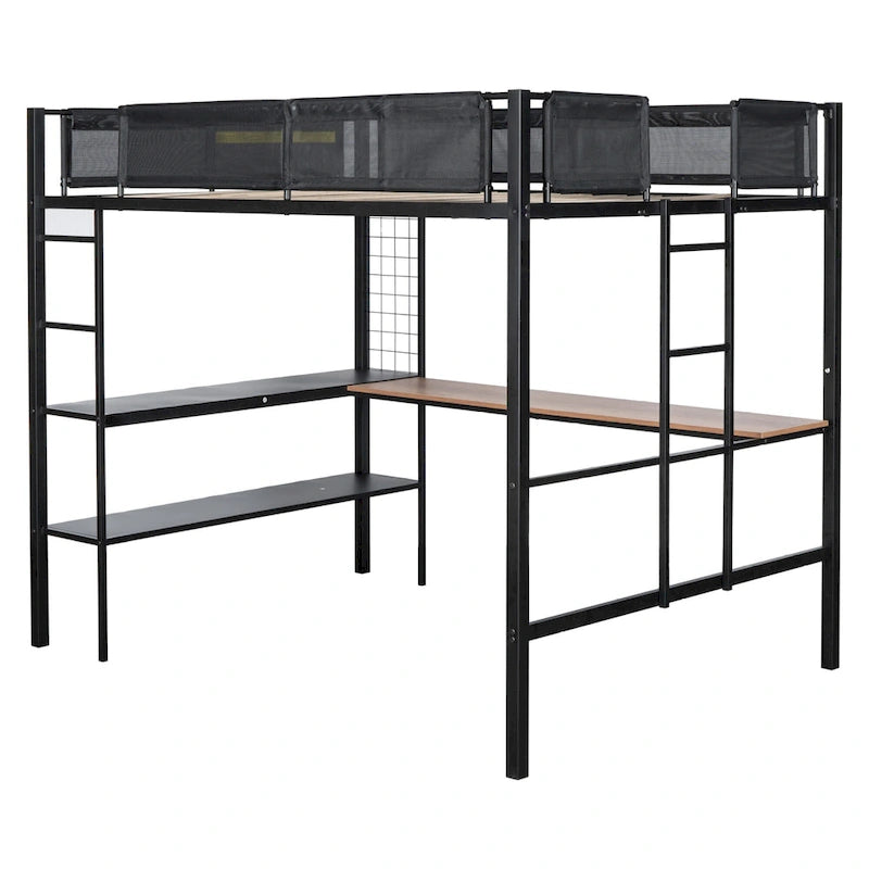 Lit mezzanine double en métal avec bureau, étagères et garde-corps
