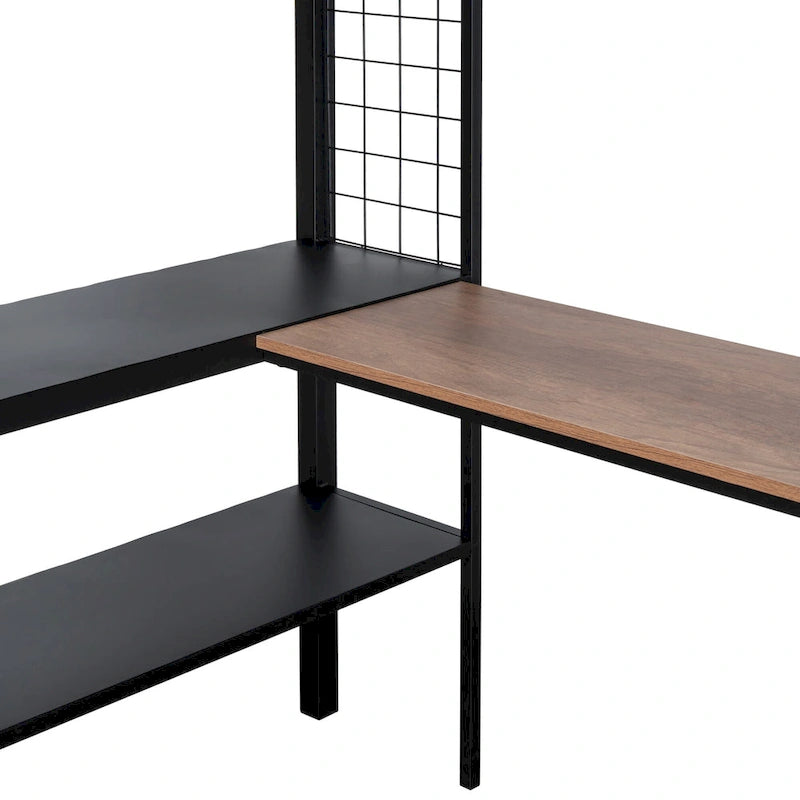 Lit mezzanine double en métal avec bureau, étagères et garde-corps