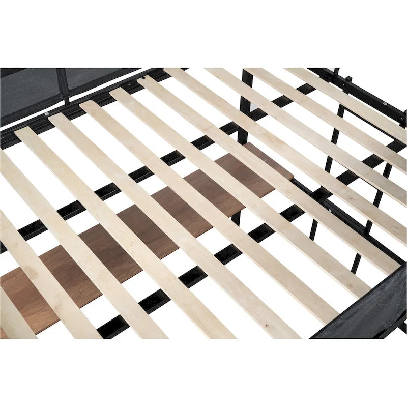 Lit mezzanine double en métal avec bureau, étagères et garde-corps