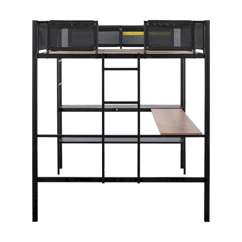 Lit mezzanine double en métal avec bureau, étagères et garde-corps