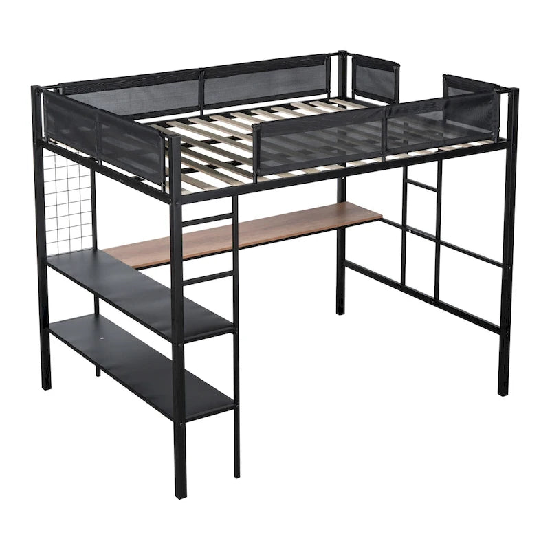 Lit mezzanine double en métal avec bureau, étagères et garde-corps