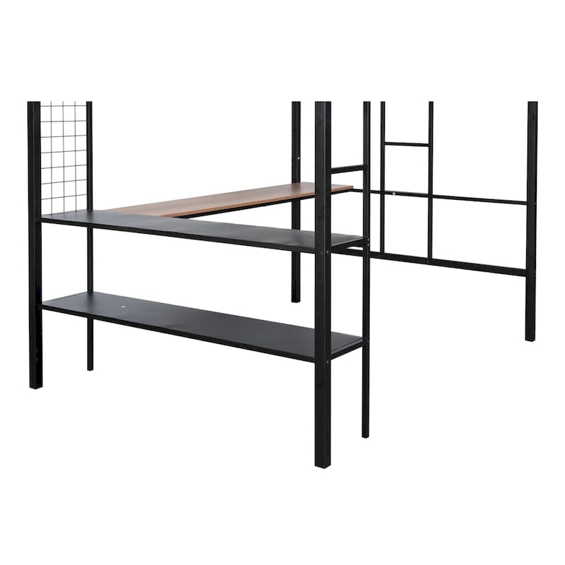 Lit mezzanine double en métal avec bureau, étagères et garde-corps