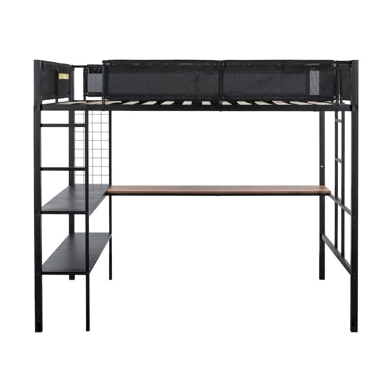 Lit mezzanine double en métal avec bureau, étagères et garde-corps