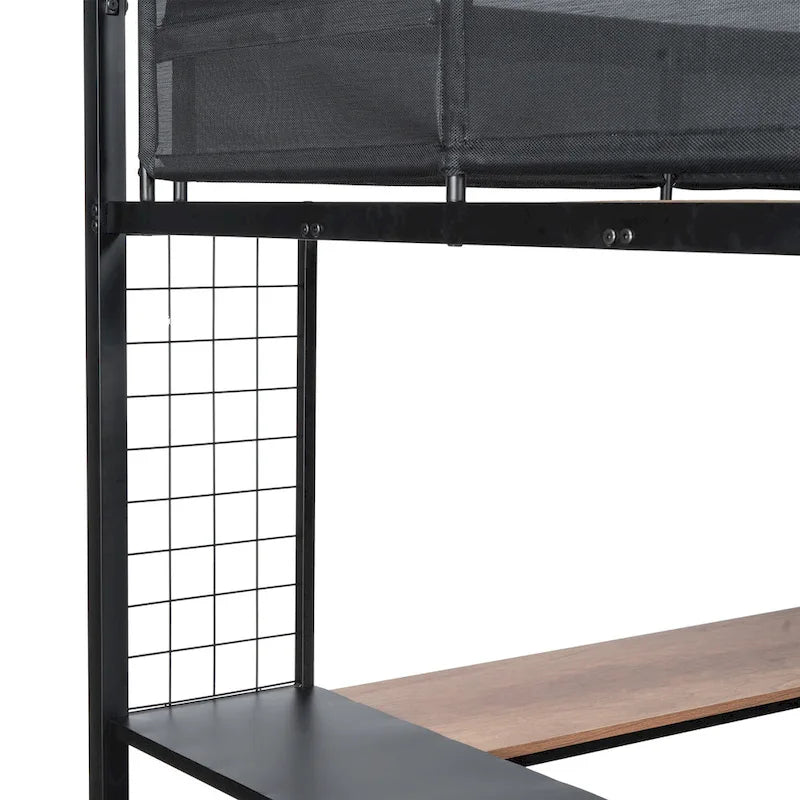 Lit mezzanine double en métal avec bureau, étagères et garde-corps