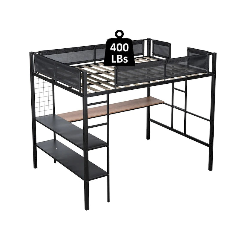 Lit mezzanine double en métal avec bureau, étagères et garde-corps