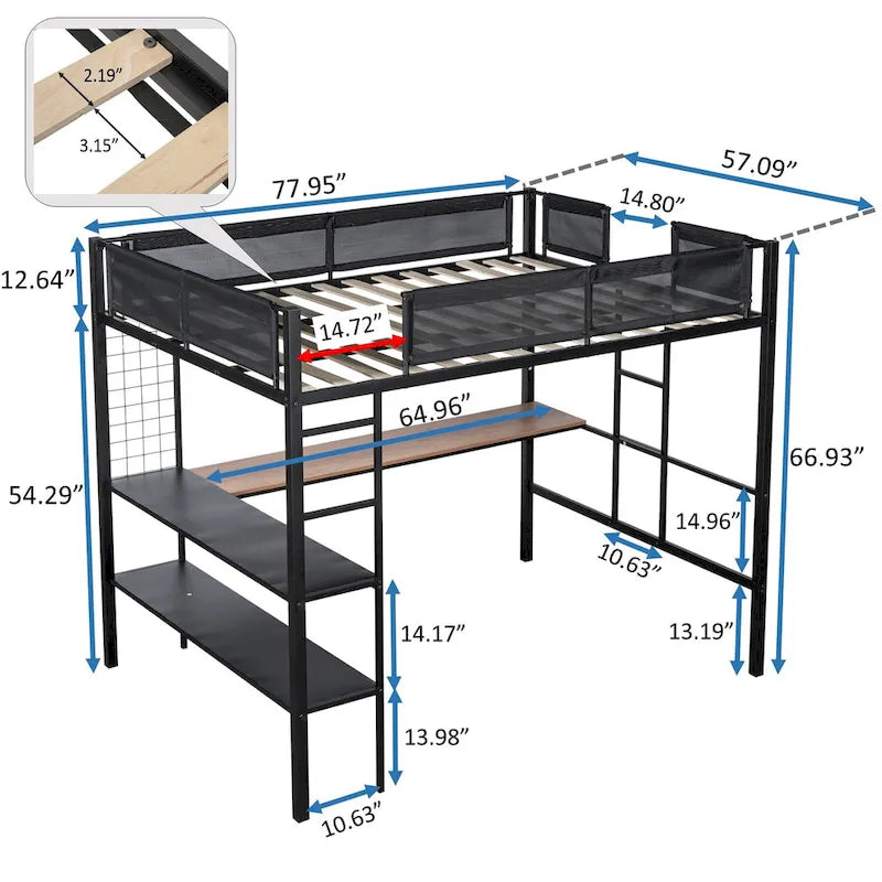 Lit mezzanine double en métal avec bureau, étagères et garde-corps