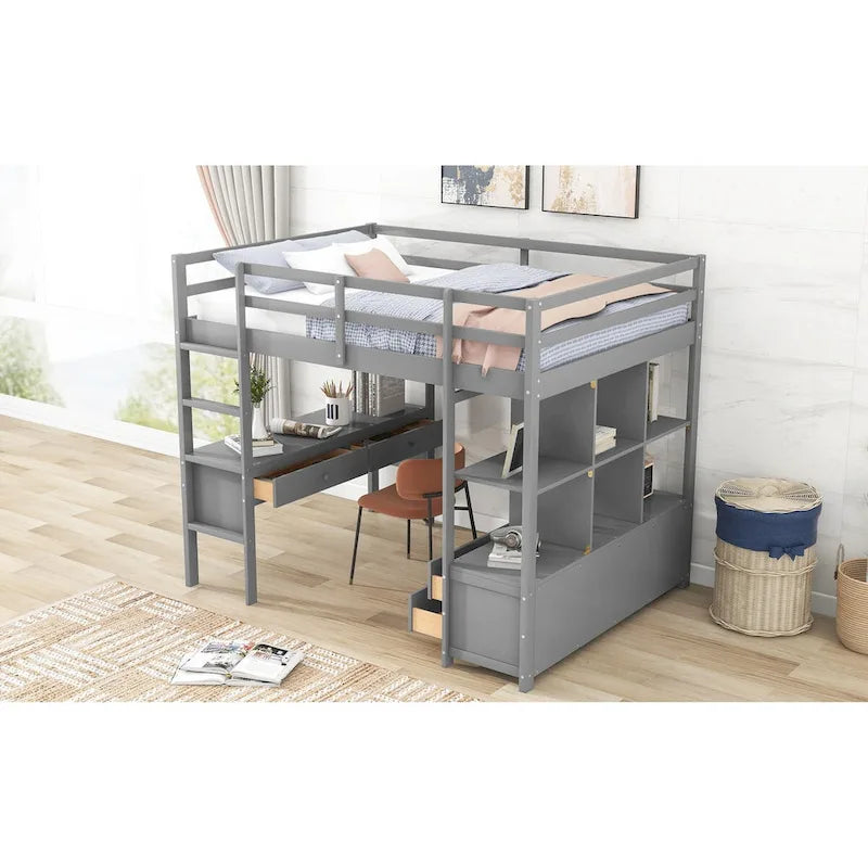 Lit mezzanine gris en pin avec bureau intégré, tiroirs, étagères et armoires de rangement