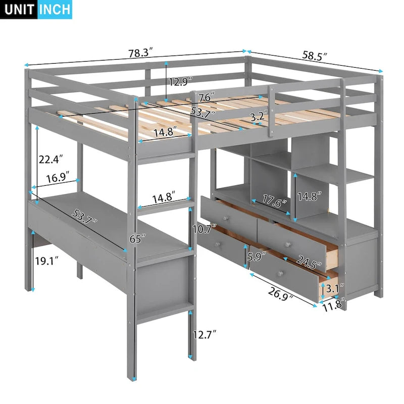 Lit mezzanine gris en pin avec bureau intégré, tiroirs, étagères et armoires de rangement